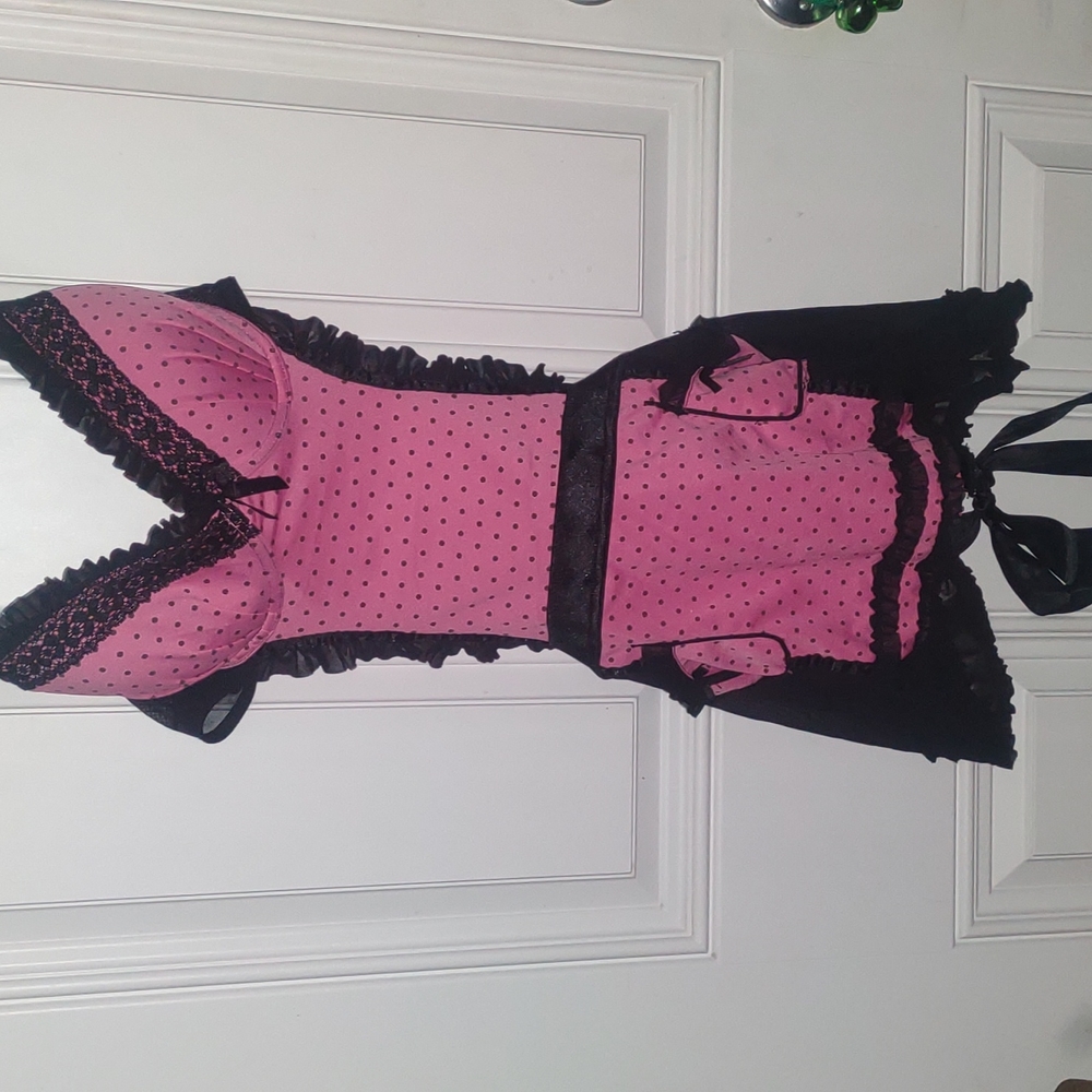 Pink & Black Polk-a-dot Apron Lingerie-Large